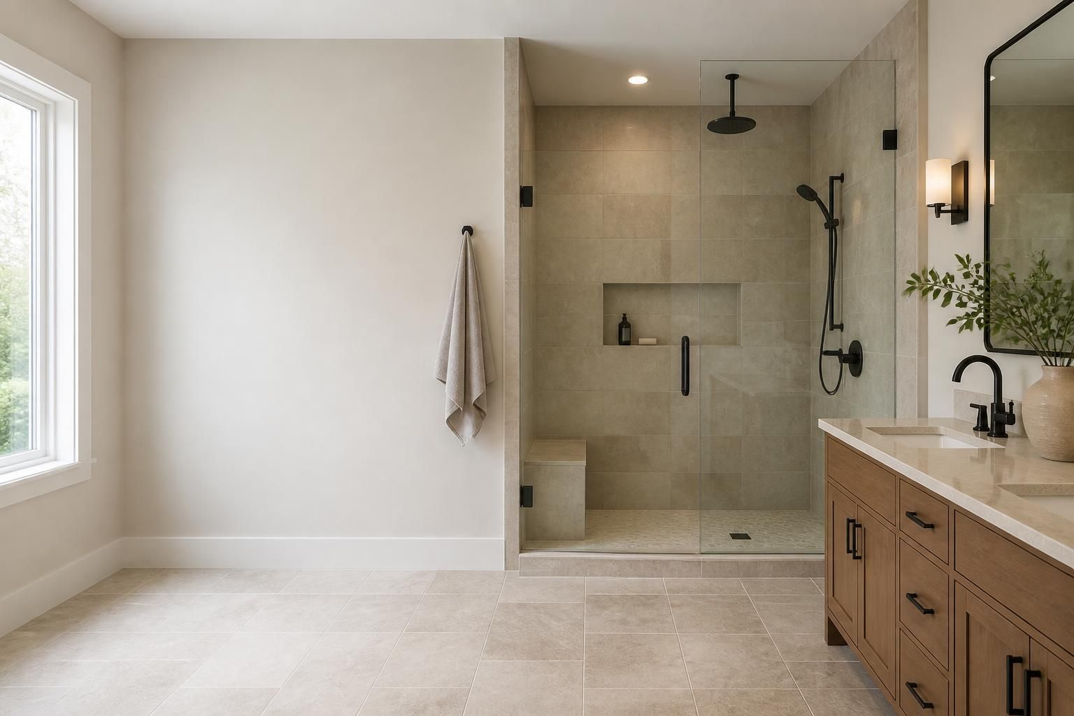 Bright finished bathroom remodel with open space for text.