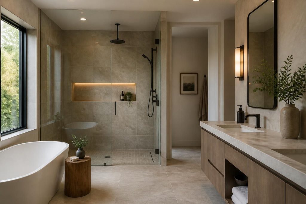 Modern bathroom with a walk-in shower and neutral tile finishes.