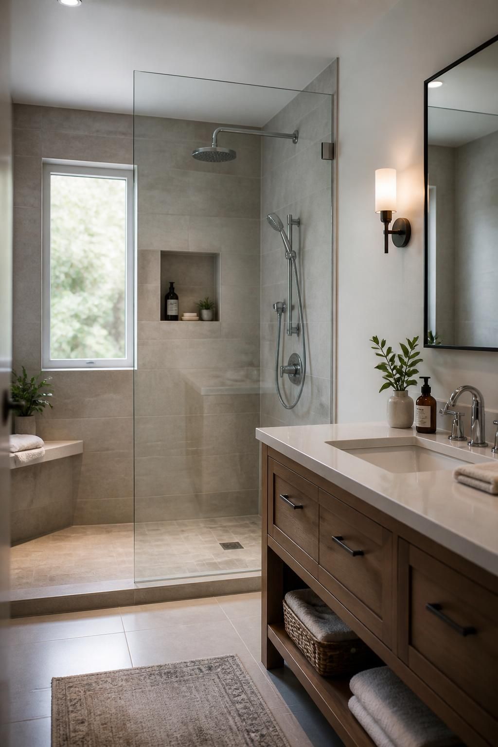Inviting remodeled bathroom with a glass shower and polished fixtures.